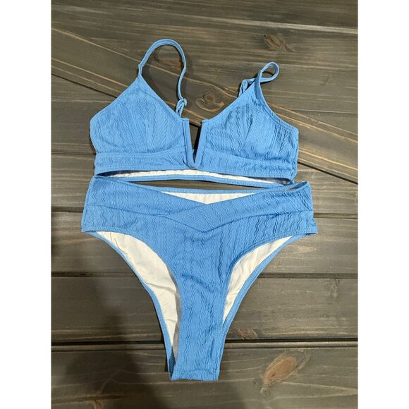 Blue Textured Two-Piece Bikini Set With Adjustable Straps Medium Coverage Bottom - Picture 1 of 4